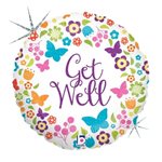 Butterflies & Flowers Get Well Holo - 9 Inch Stick Balloon